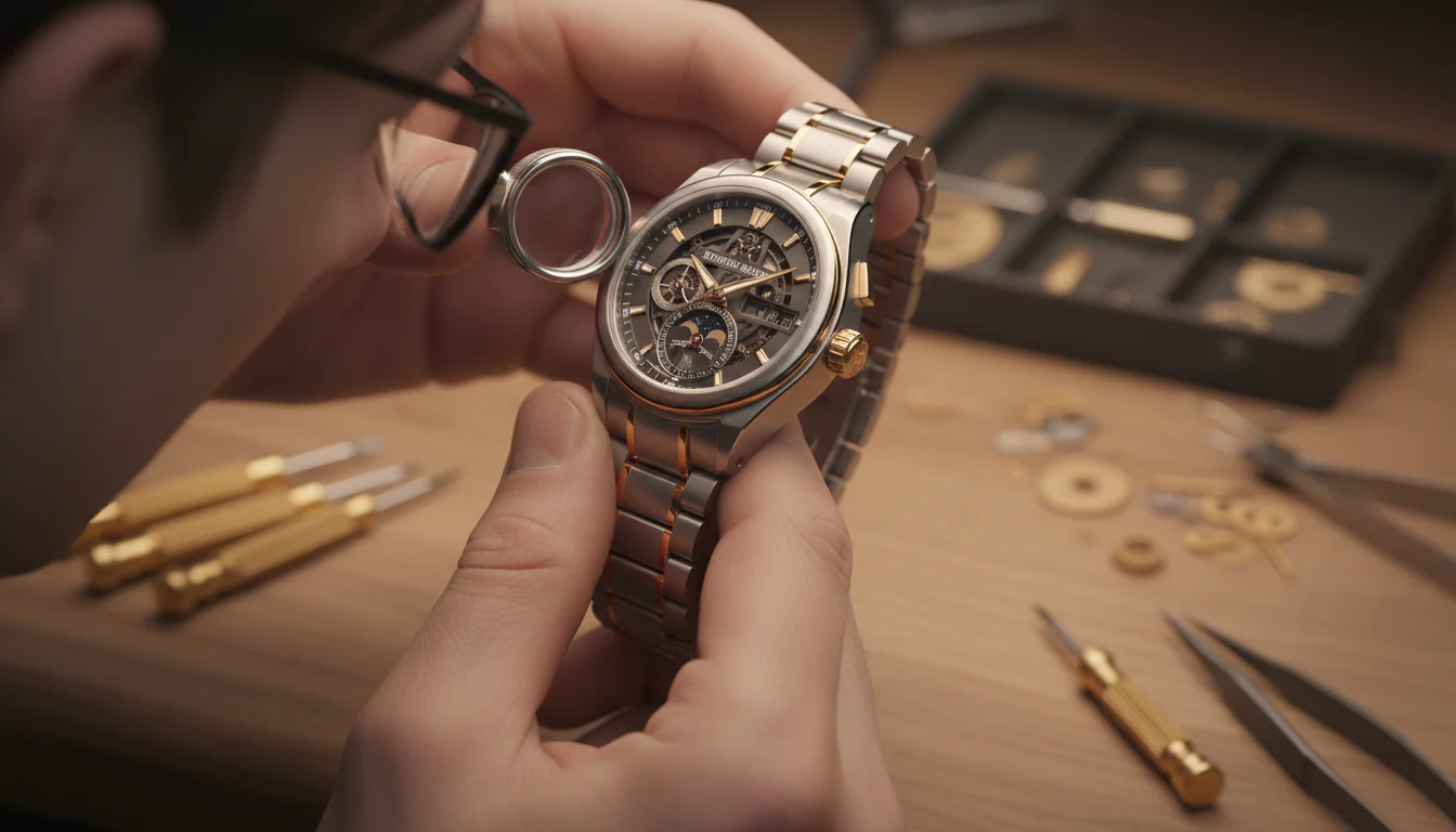 A dealer's hands examining a watch through a loupe to check condition before a sale