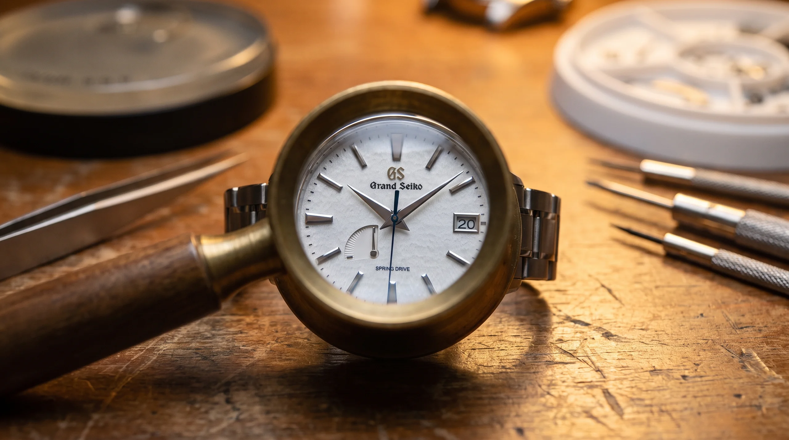 A watch under a jeweler's loupe showing the clarity of a scratch-resistant sapphire crystal