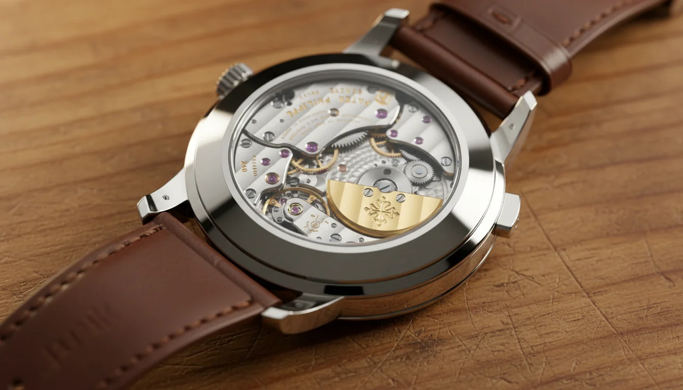 A wristwatch resting face down on a desk showing its round sapphire exhibition caseback and automatic movement