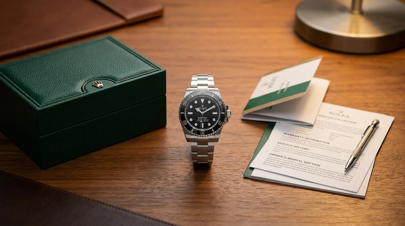 A Rolex Submariner with its box, warranty card, and service papers laid out on a desk for a sale