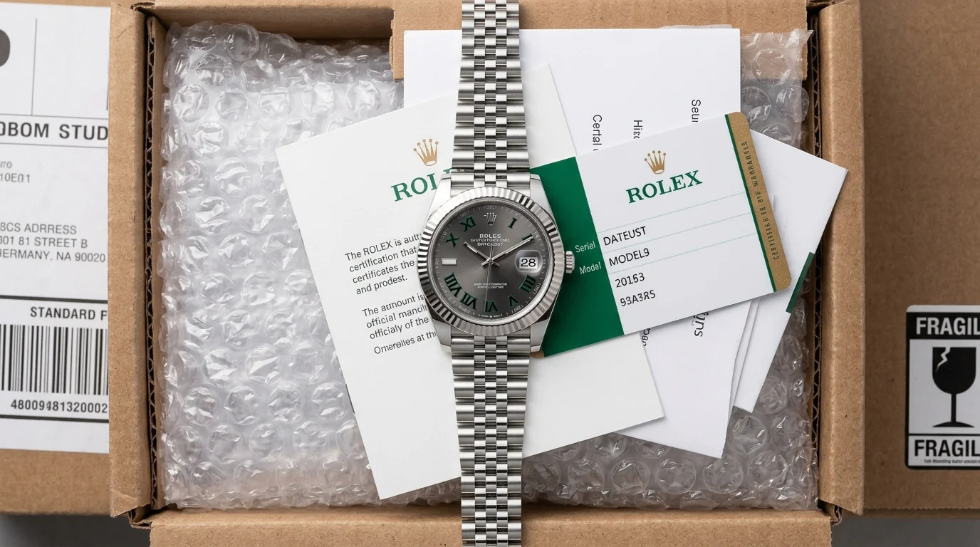 Rolex Datejust resting on its authentication papers next to a shipping box, illustrating resale logistics