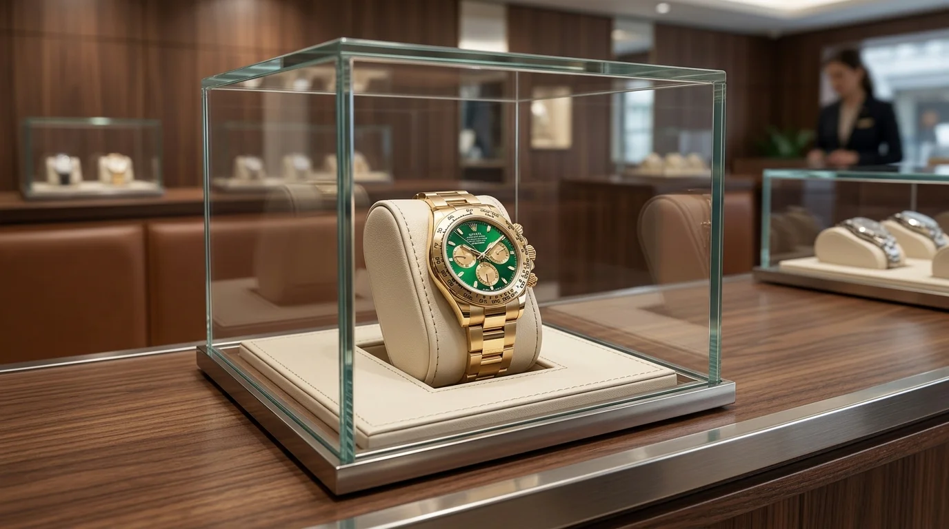 Rolex Daytona displayed inside a glass watch shop display case