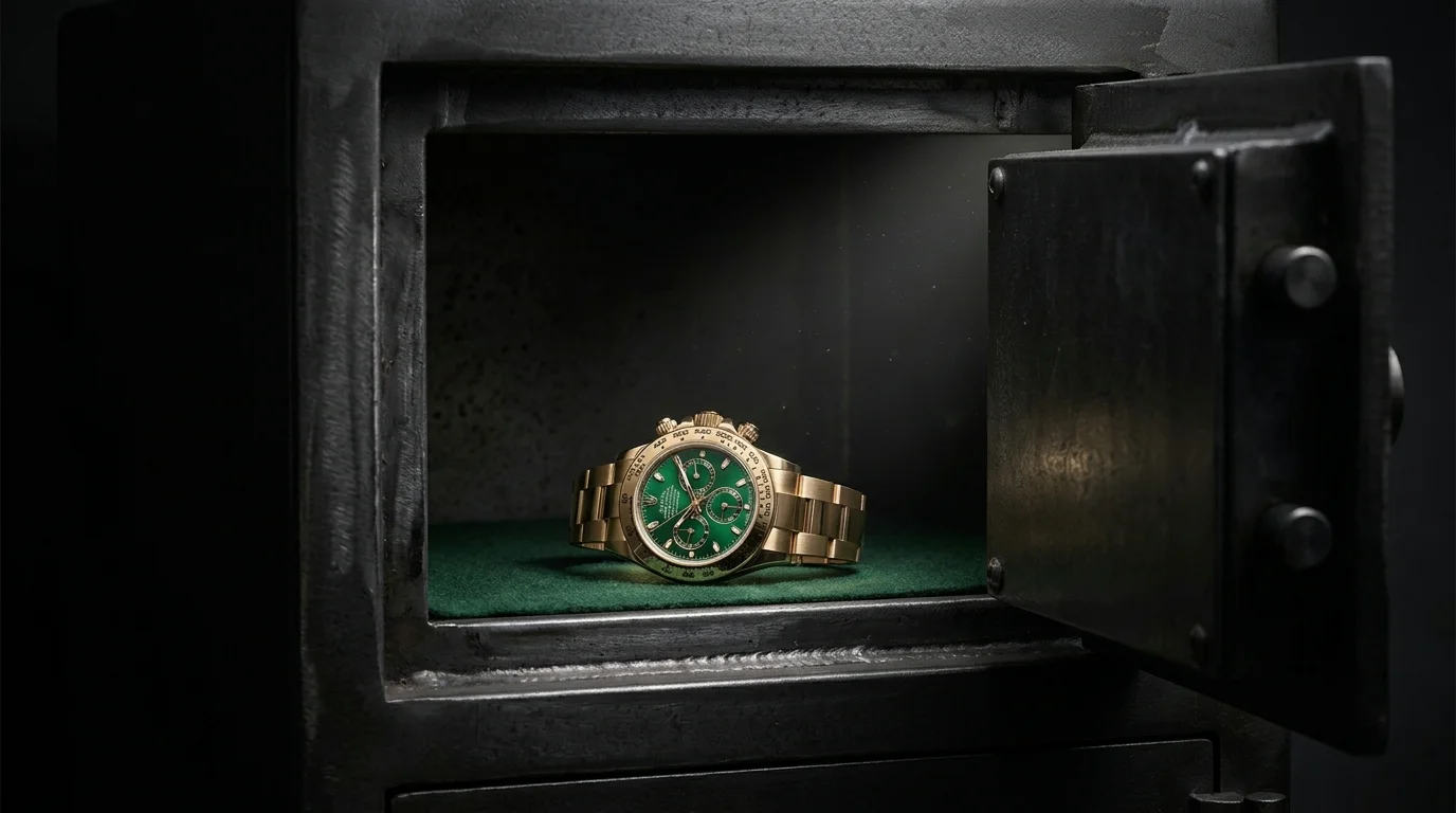 Rolex Daytona resting alone inside an open home safe, illustrating a watch held while waiting to sell