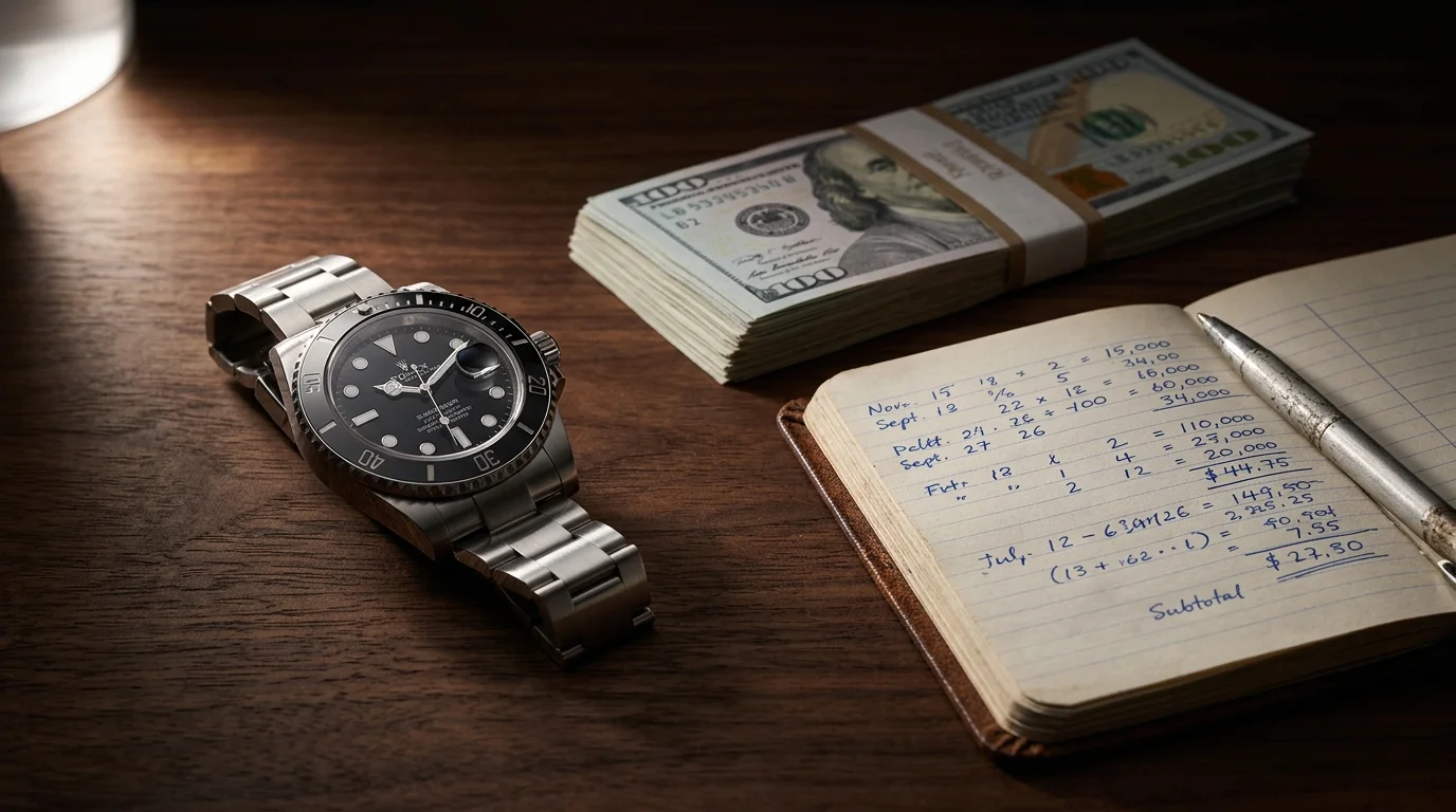 Rolex Submariner resting beside a stack of cash and a ledger notebook, illustrating watch flipping profit math