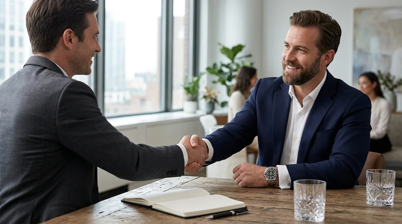 Person wearing a Rolex Submariner while shaking hands across a table, illustrating a watch sale
