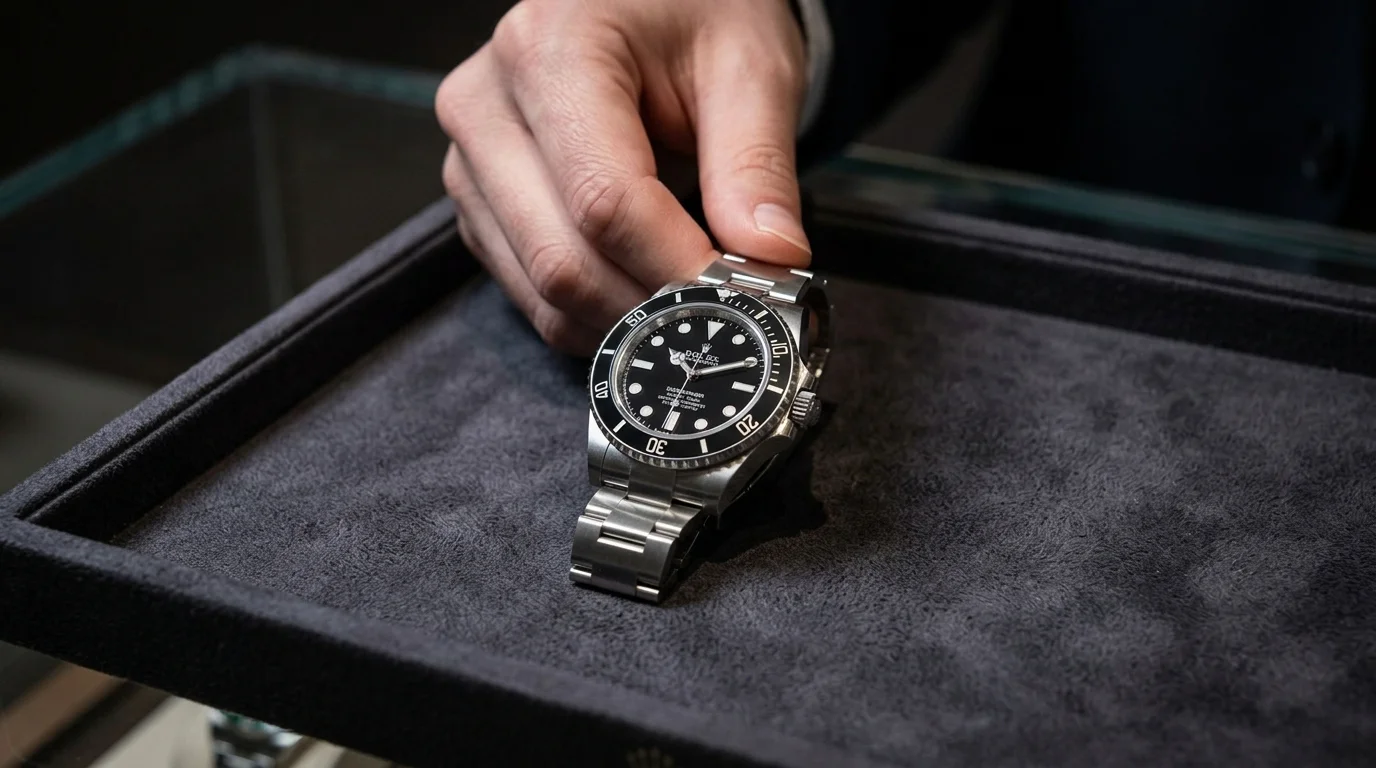A hand placing a Rolex Submariner onto a felt display tray during a sale handoff