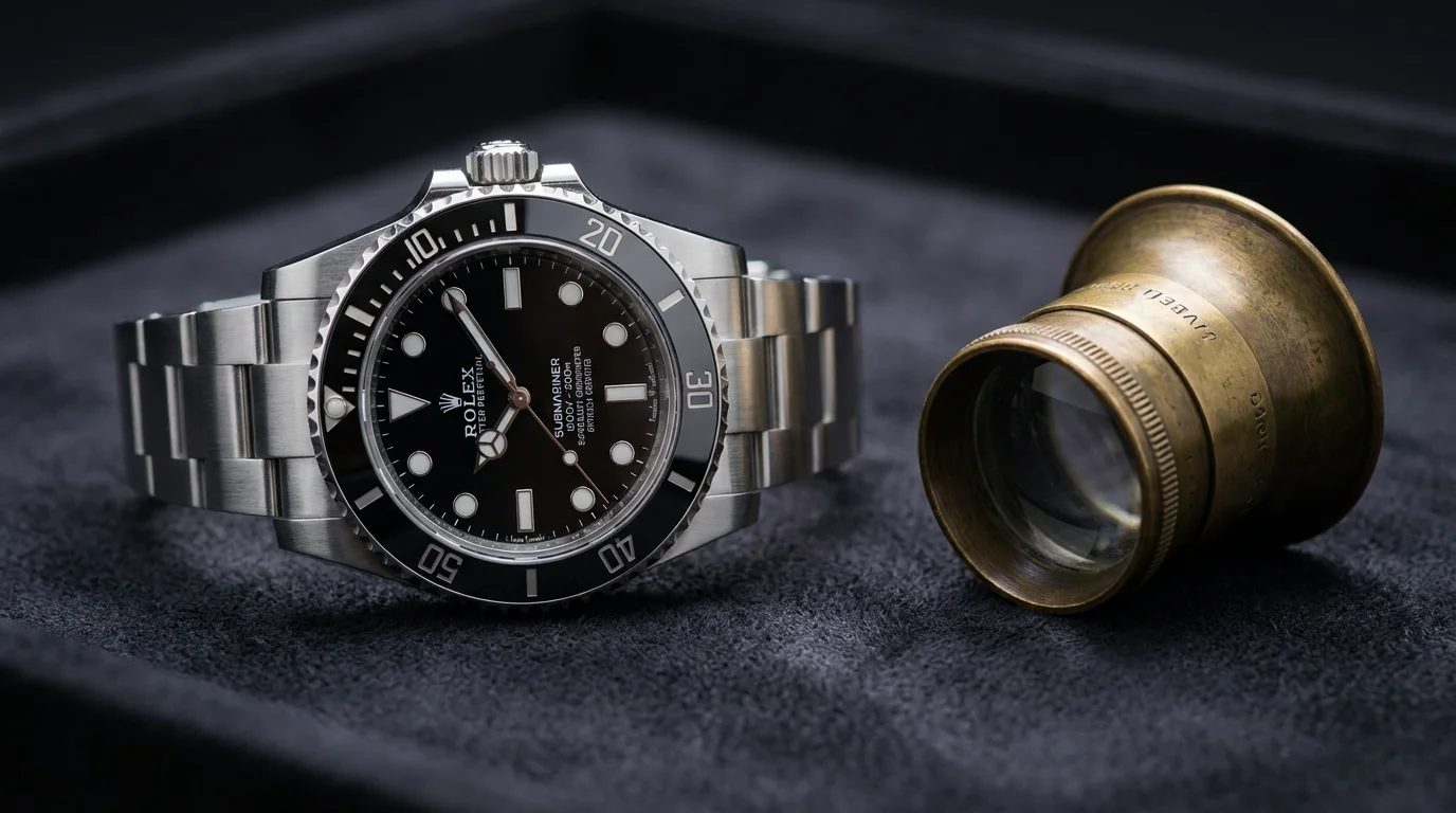 A Rolex Submariner resting on a jeweler's velvet pad next to a loupe during a professional appraisal