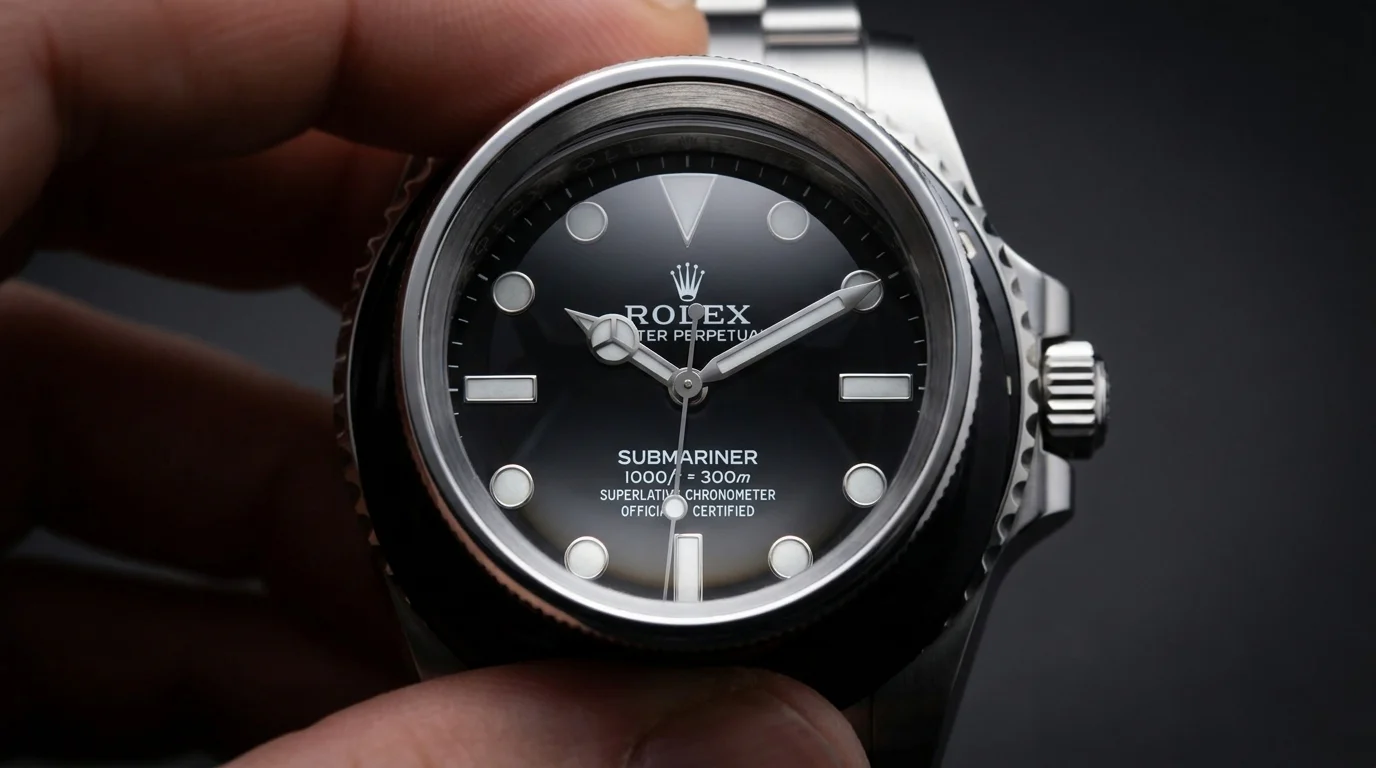 A jeweler's loupe held directly over the dial of a Rolex Submariner during a close appraisal inspection