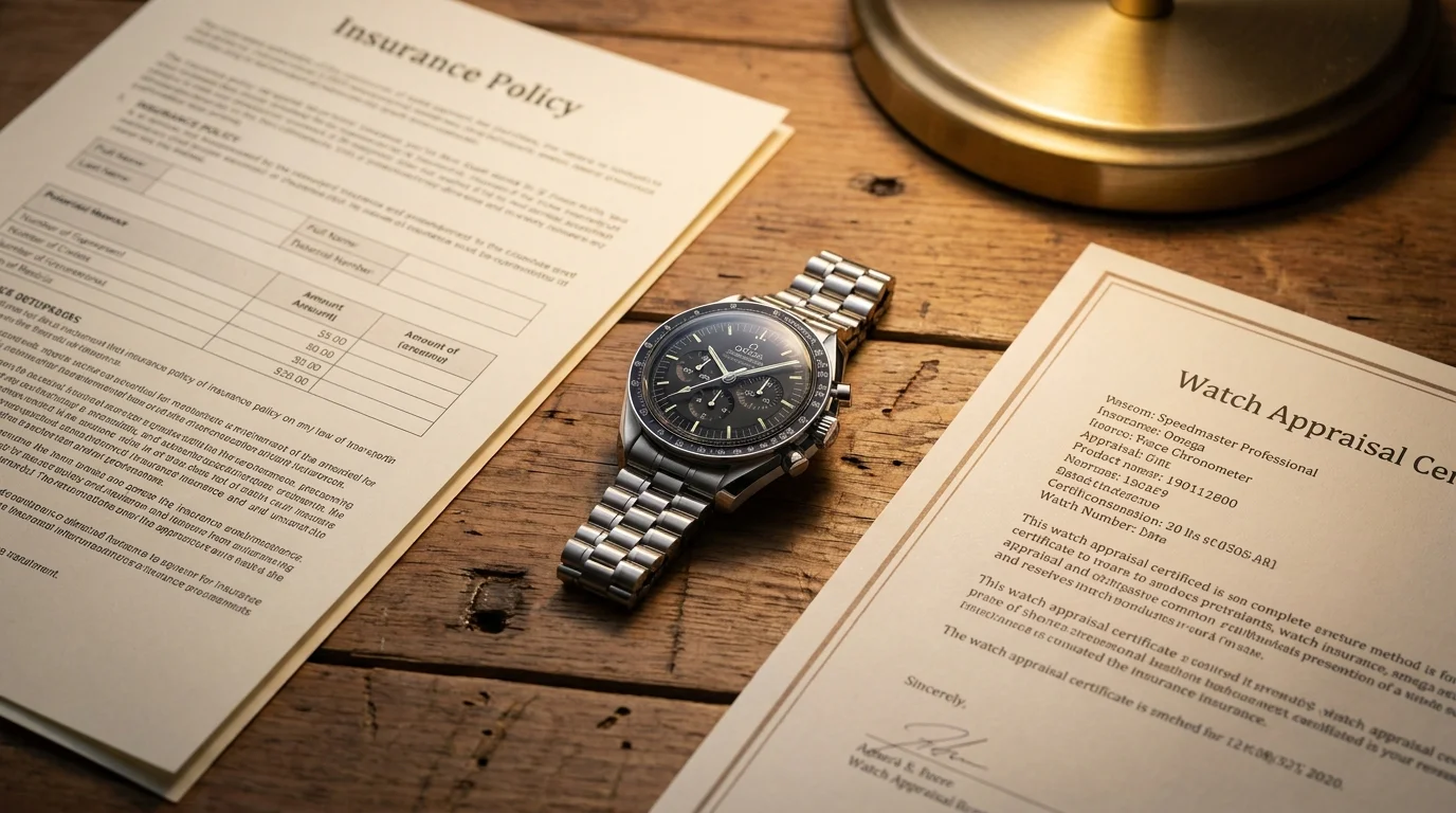 Insurance policy paperwork and a watch appraisal certificate laid out on a desk next to a steel chronograph