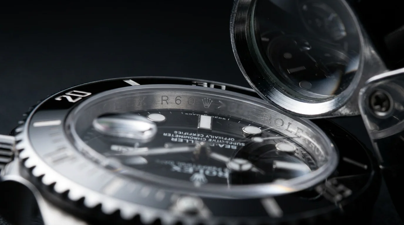 Macro shot of a watch case back showing an engraved serial number with a jeweler's loupe nearby