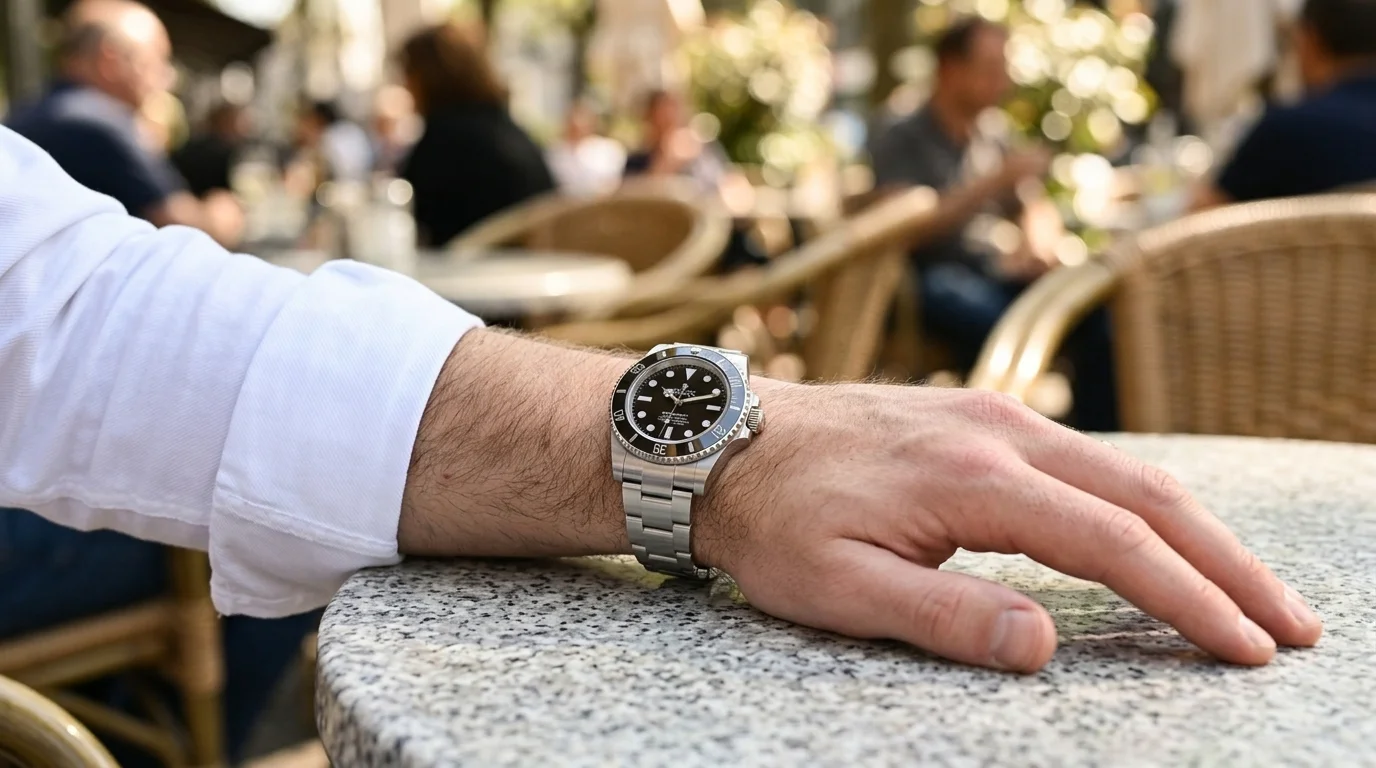 A watch owner wearing a Rolex Submariner confidently at an outdoor cafe table