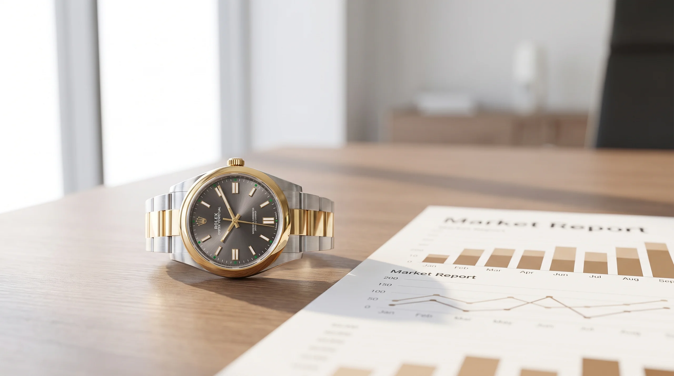 Rolex Oyster Perpetual beside a 2026 watch market report