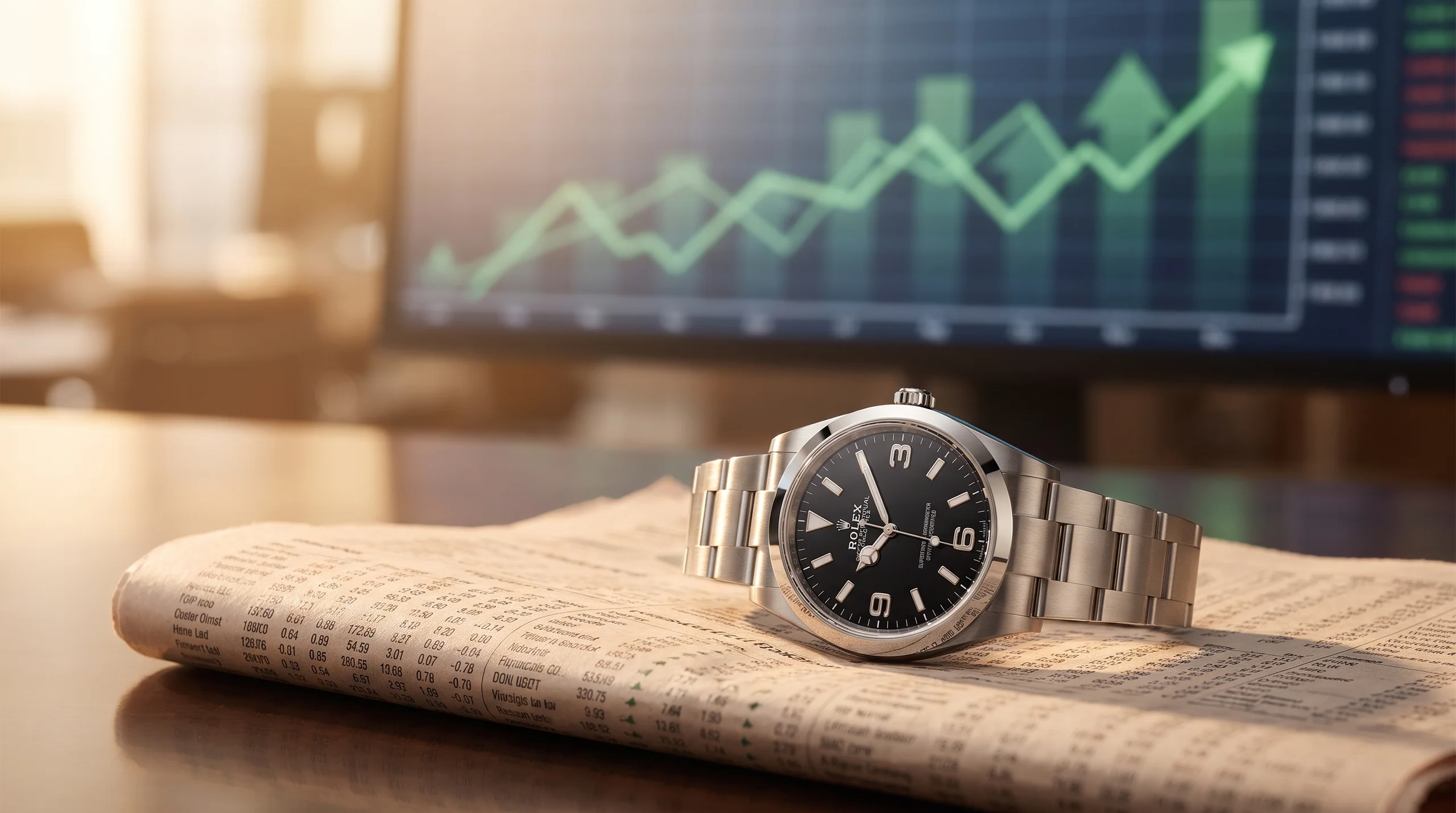 Rolex Explorer on a financial newspaper representing the 2026 watch market
