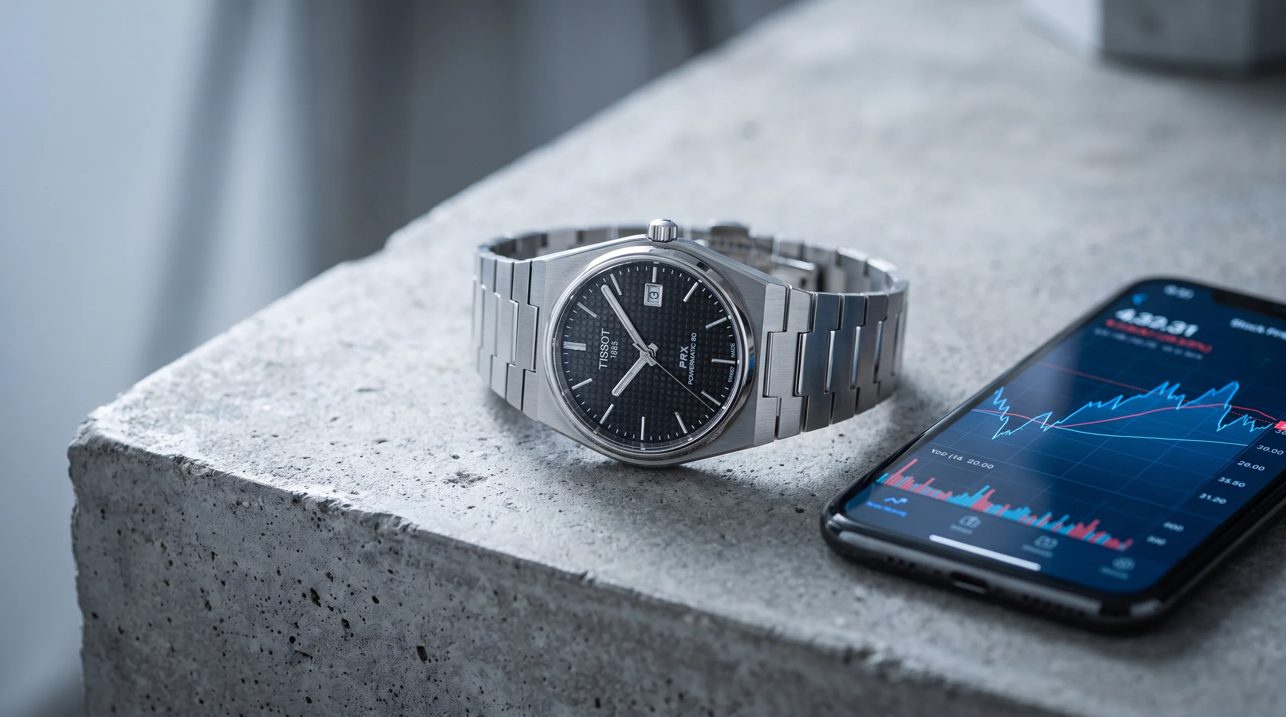 Tissot PRX beside a phone price chart, the accessible end of the market