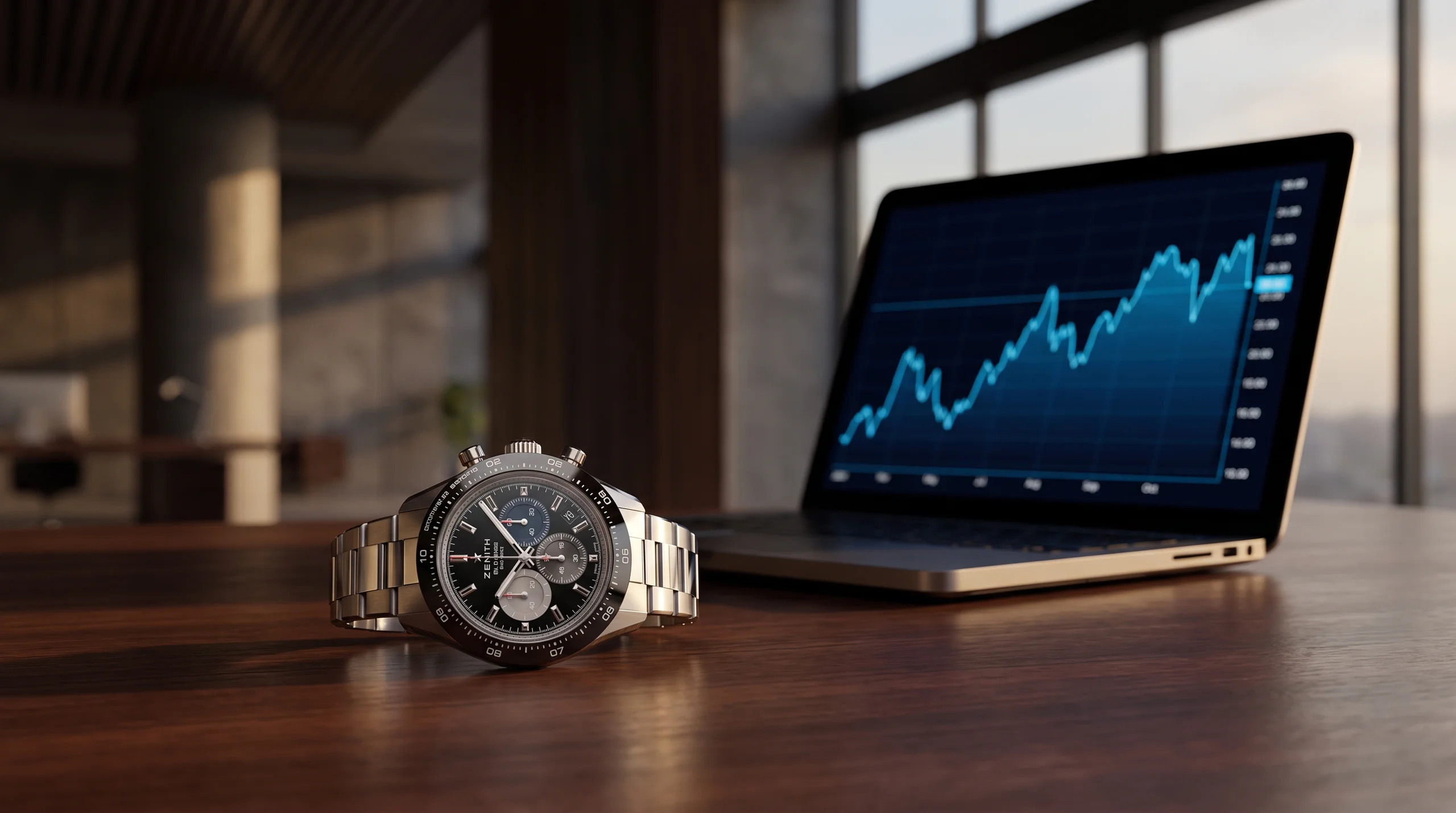 Zenith Chronomaster Sport beside a market line chart