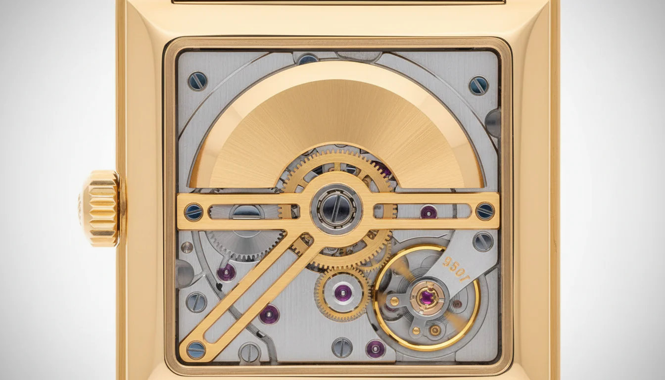 Extreme macro of a watch movement seen through a sapphire caseback showing a golden oscillating rotor and jewel settings