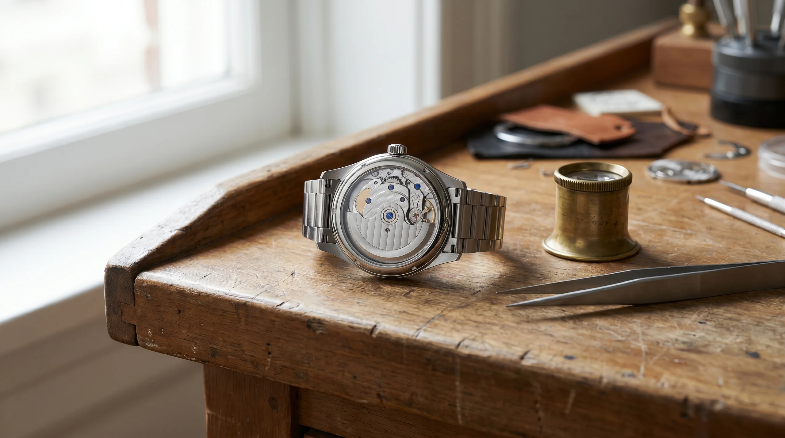 A luxury watch caseback-up on a watchmaker's bench showing a decorated automatic movement with rotor
