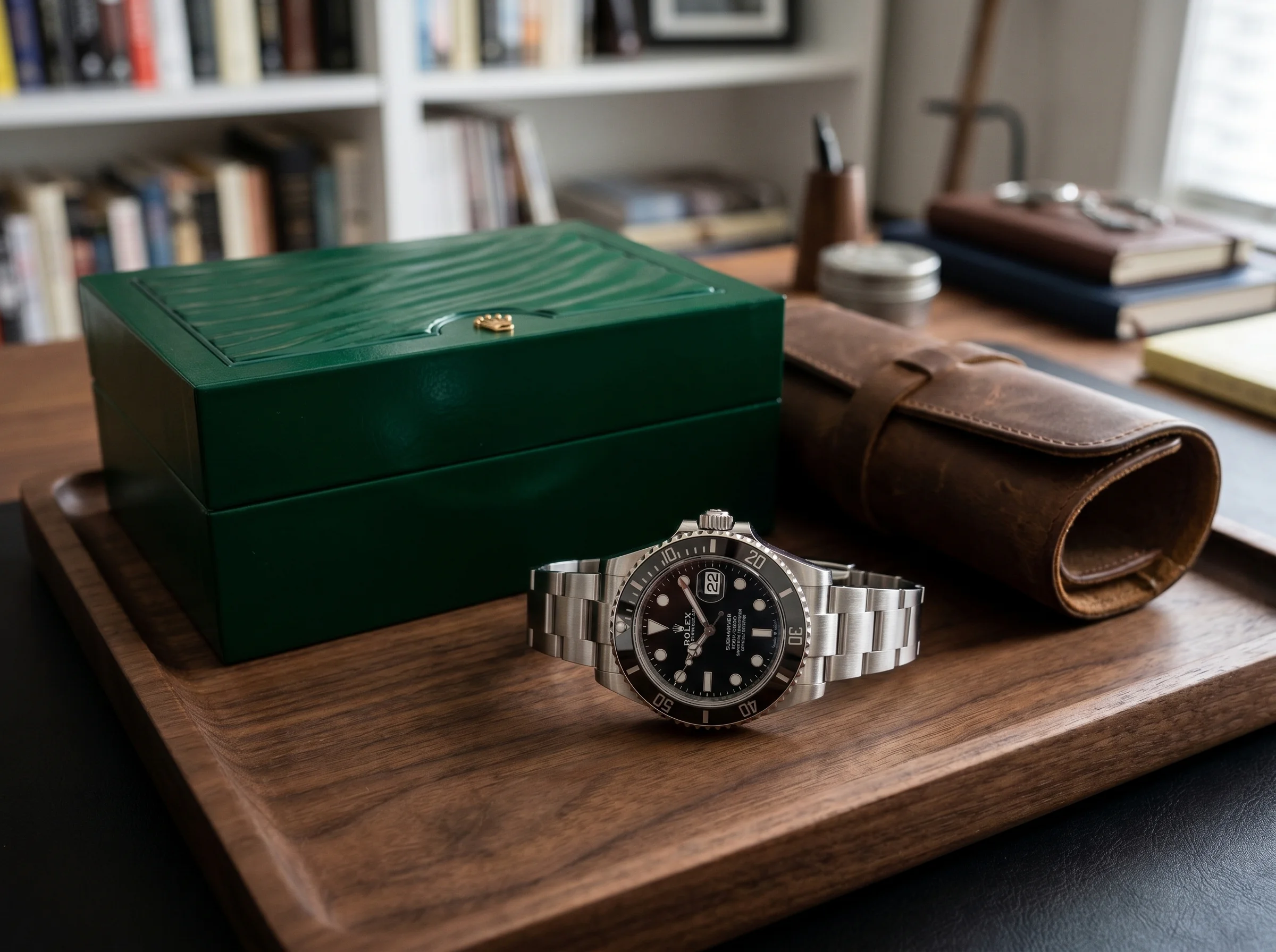 Rolex Submariner 126610LN on a walnut tray beside its closed green Rolex box and a leather watch pouch