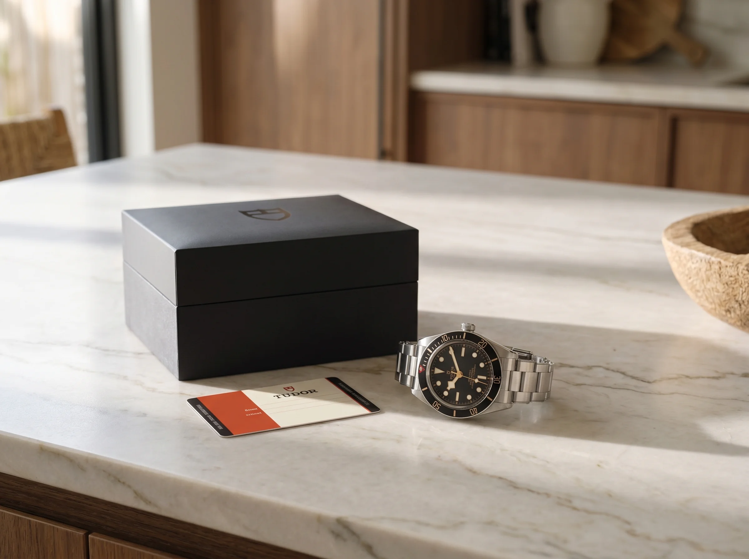 Tudor Black Bay Fifty-Eight with its grey and black Tudor box and warranty card on a marble counter