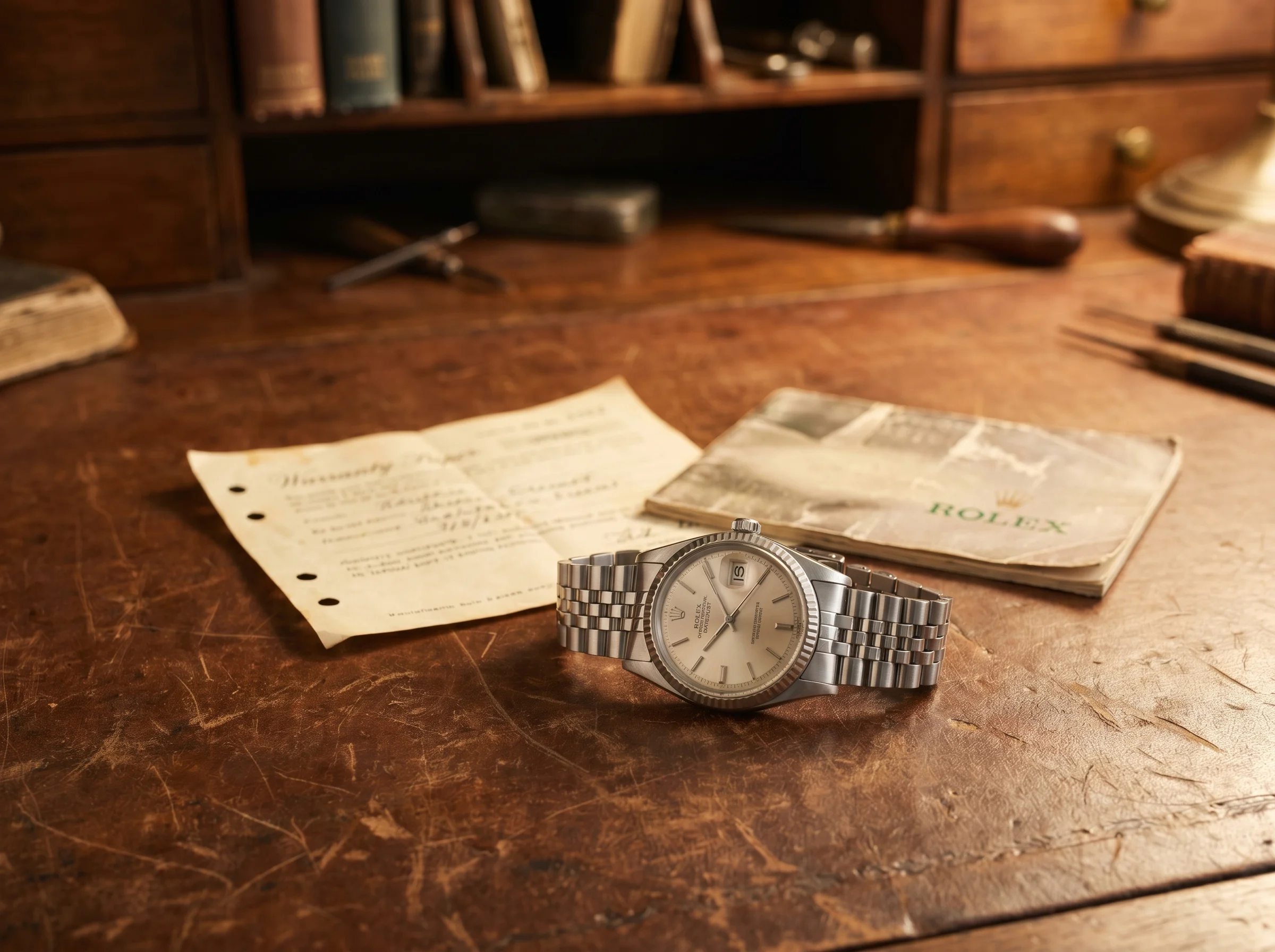 A vintage Rolex Datejust on an aged leather surface beside an old yellowed warranty paper and booklet