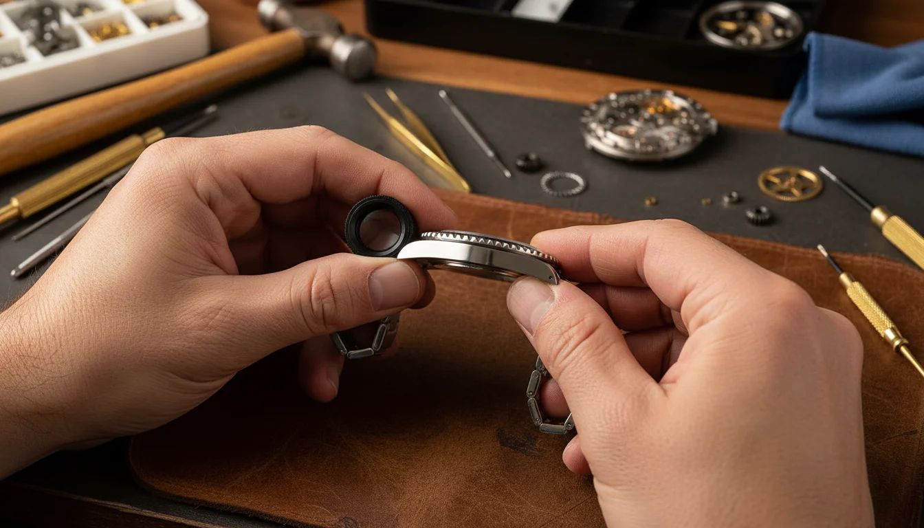 Watchmaker inspecting a watch case under a loupe at a workbench with tools