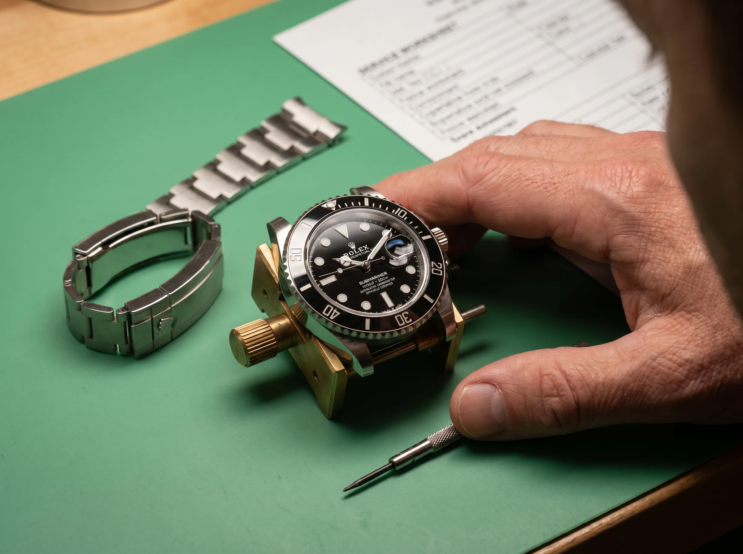 Rolex Submariner 126610LN in a movement holder on the bench beside a service worksheet, mid-service