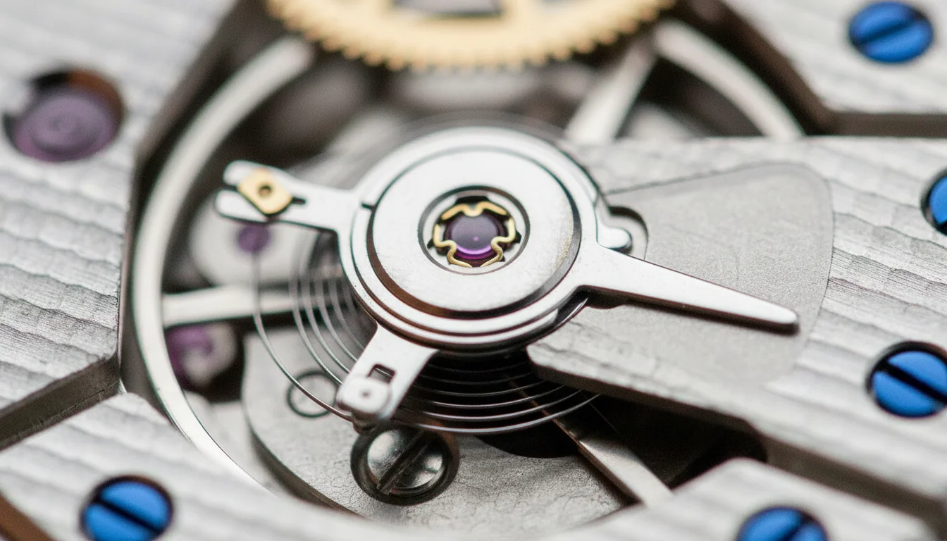 Macro of a watch movement balance wheel and shock-protection jewel during servicing