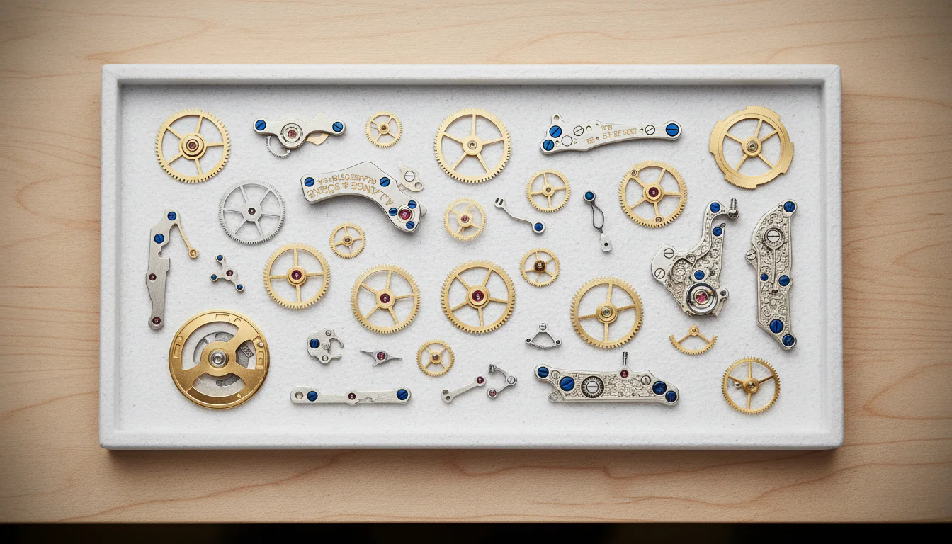 Disassembled watch movement parts laid out on a service tray during a full overhaul