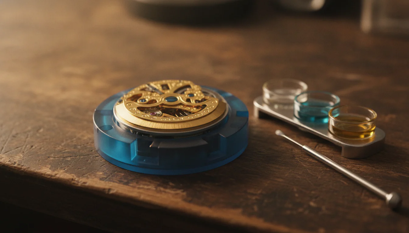 Assembled automatic movement in a holder with oiler tools during lubrication