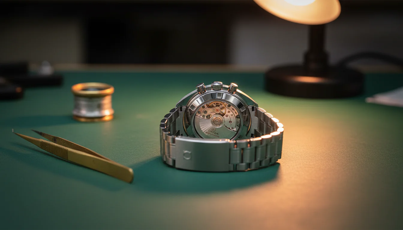Watch servicing guide, Omega Speedmaster caliber 3861 movement on a watchmaker's bench