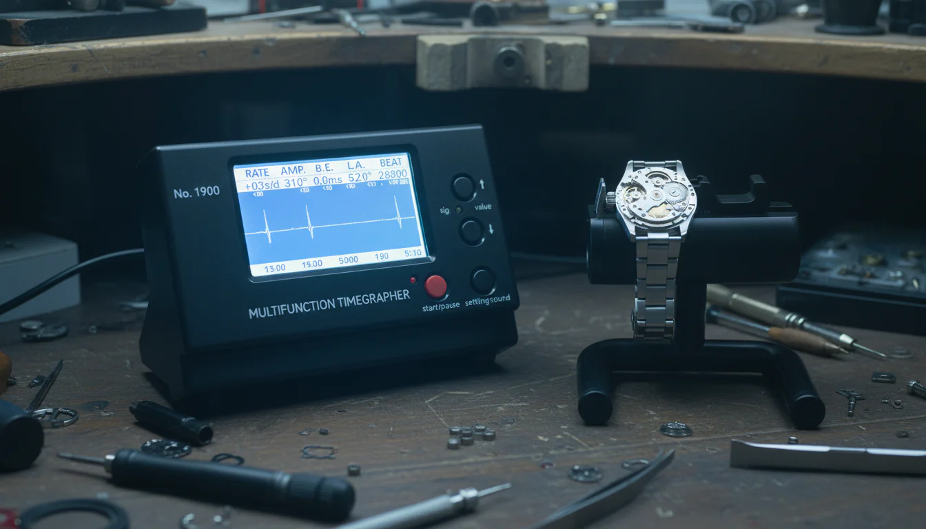 A watch on a timegrapher timing machine during a service accuracy check
