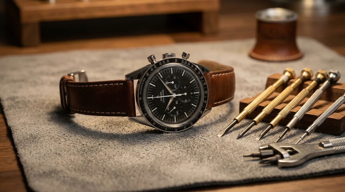 An Omega Speedmaster resting on a watchmaker's work mat with a case-opening tool and screwdrivers
