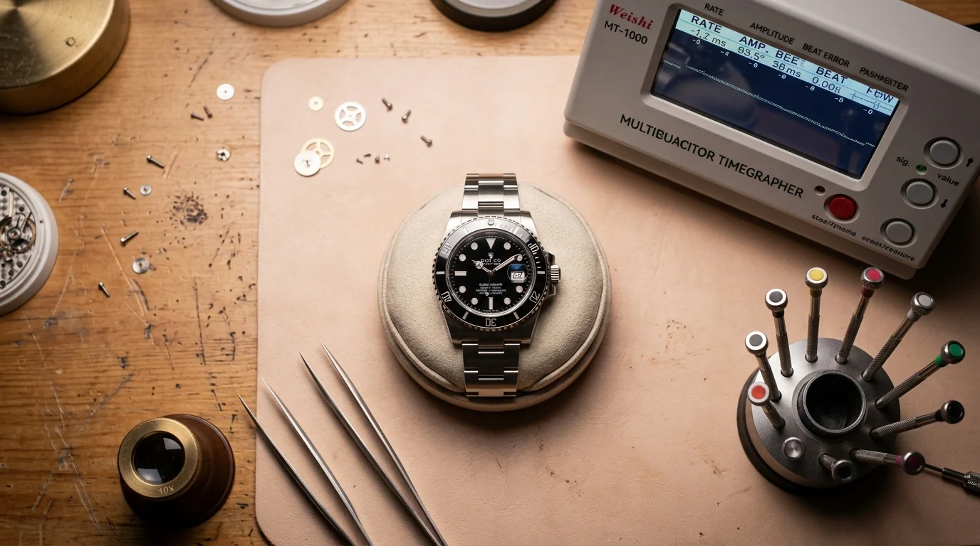 A Rolex Submariner resting on a watch cushion on a watchmaker's bench with a timegrapher and tools