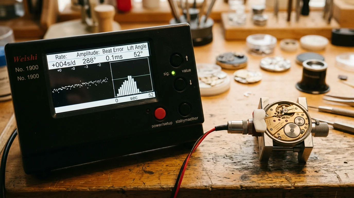 A timing machine screen displaying rate and amplitude measurements for a mechanical watch movement