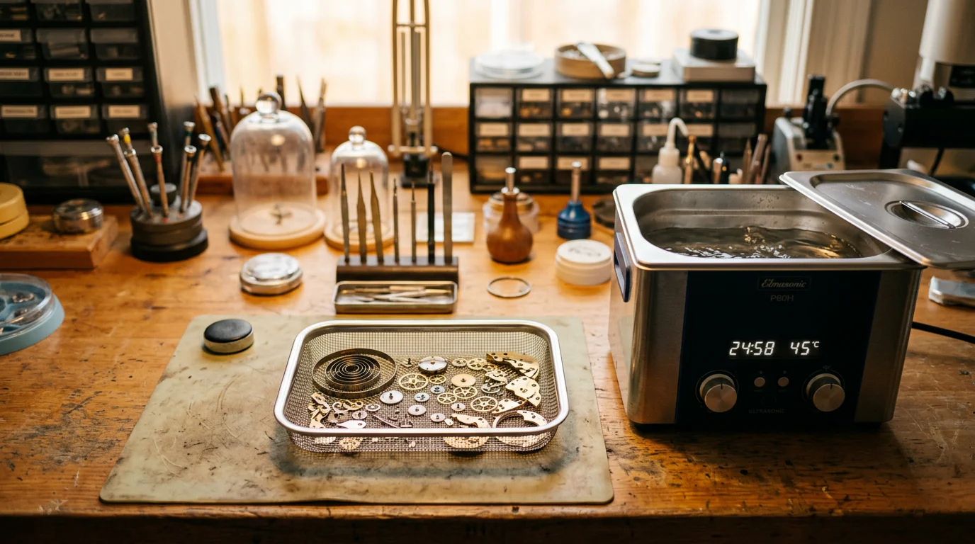 An ultrasonic cleaning machine and a tray of disassembled watch movement parts on a watchmaker's bench