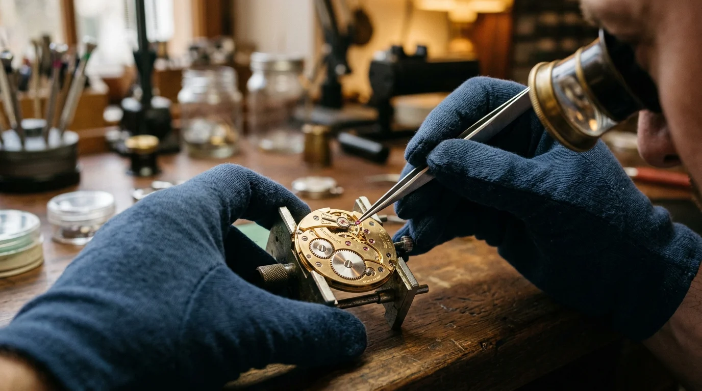 A watchmaker's gloved hands using tweezers on an exposed mechanical watch movement under a loupe