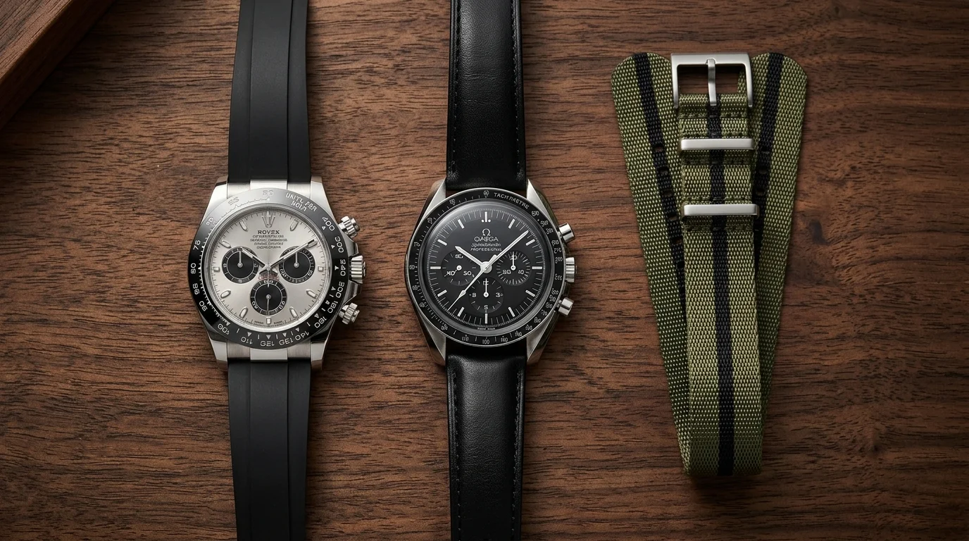 Rolex Daytona on a black Oysterflex rubber strap next to an Omega Speedmaster on a black leather strap and a folded NATO nylon strap, three watch strap materials compared