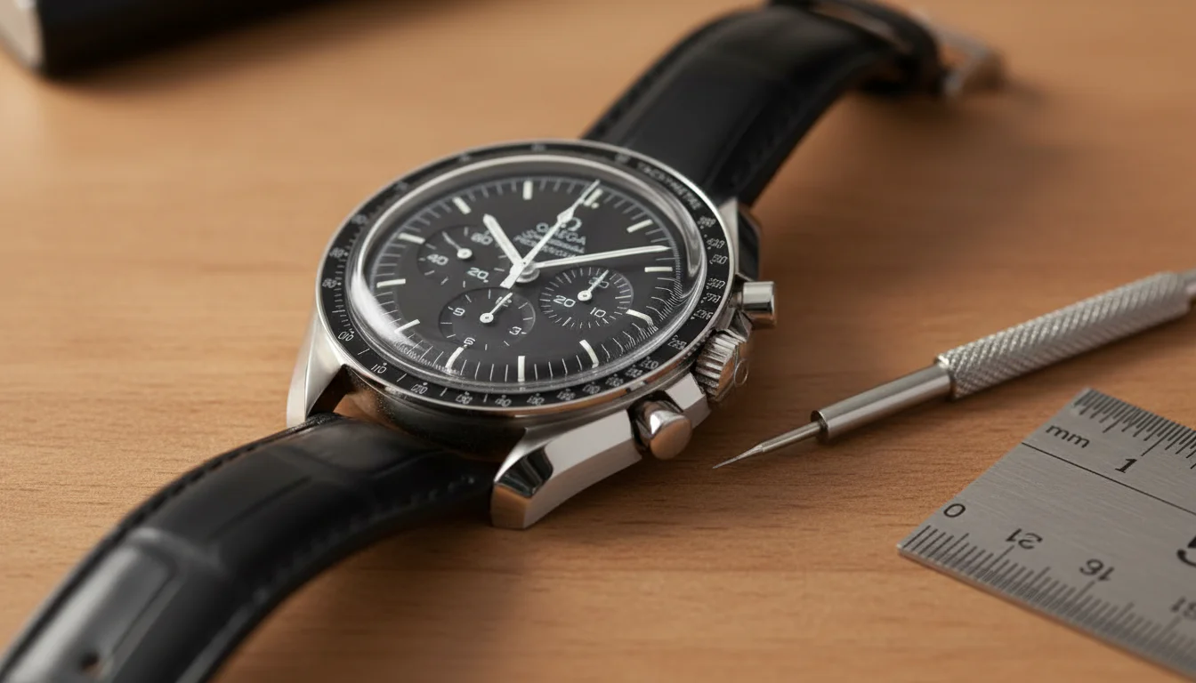 Spring bar tool and ruler measuring lug width beside an Omega Speedmaster with its leather strap partially detached