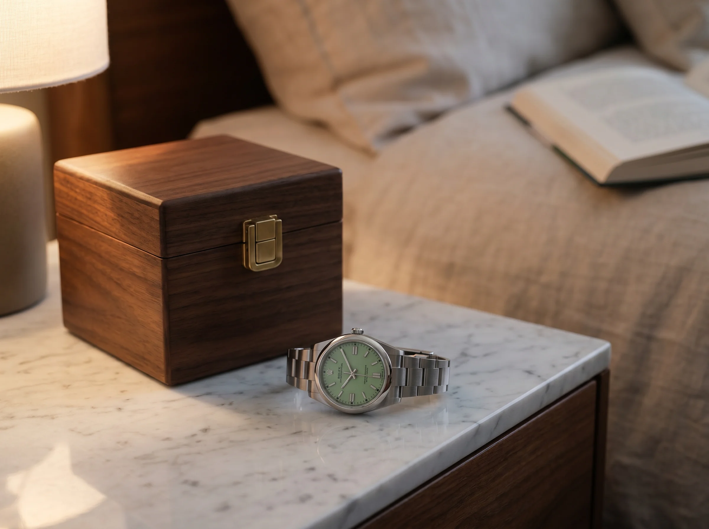 A Rolex Oyster Perpetual 41 with pistachio green dial on a marble nightstand beside a closed watch winder box