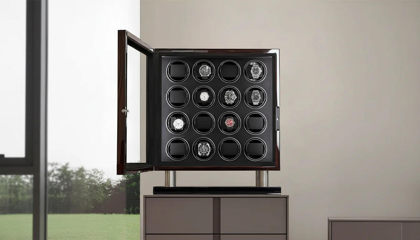 Wooden watch winder cabinet with rotating cushions holding an automatic watch