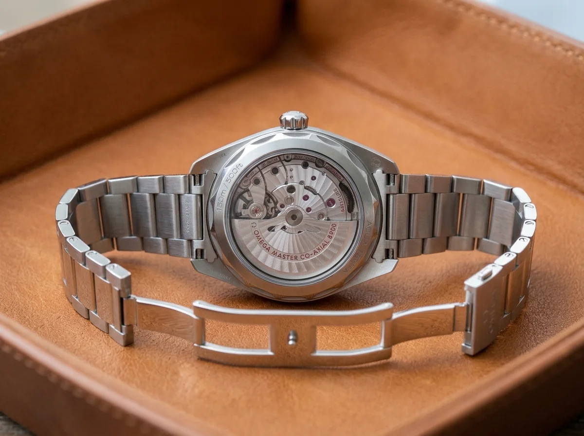 An Omega Aqua Terra 150M shown from the back, its sapphire exhibition caseback revealing the automatic movement and rotor on a leather tray