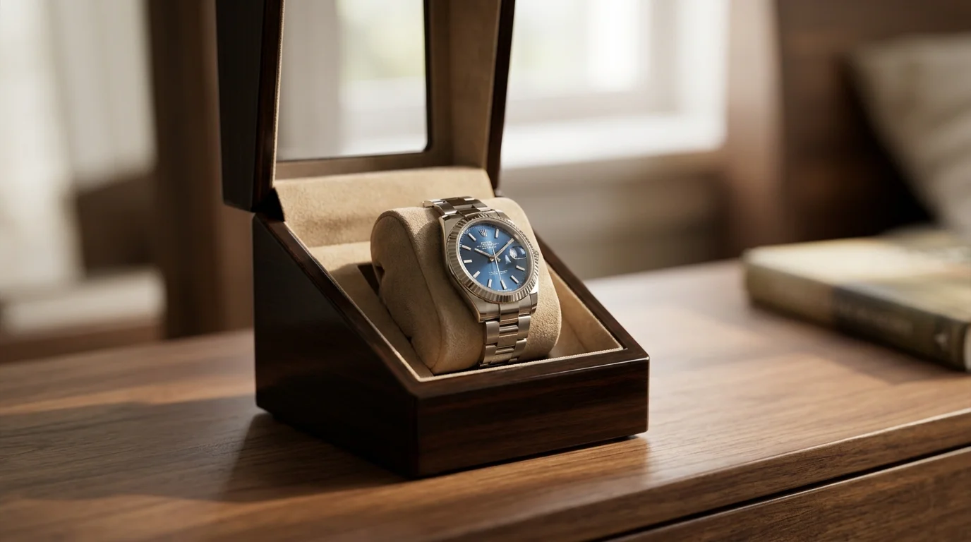 A Rolex Datejust 41 with a blue dial sitting in an open single-watch winder box on a walnut dresser