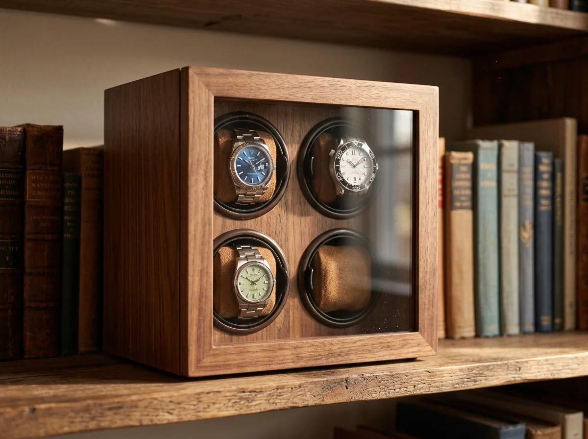 A four-slot winder cabinet holding a blue Datejust, a white Seamaster Diver 300M, and a pistachio Oyster Perpetual