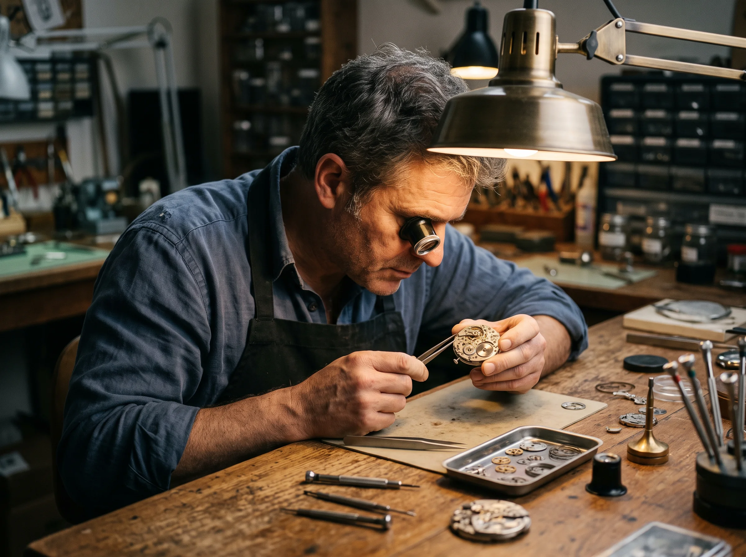 A watchmaker inspecting the movement of a disassembled wristwatch with a loupe and fine tools