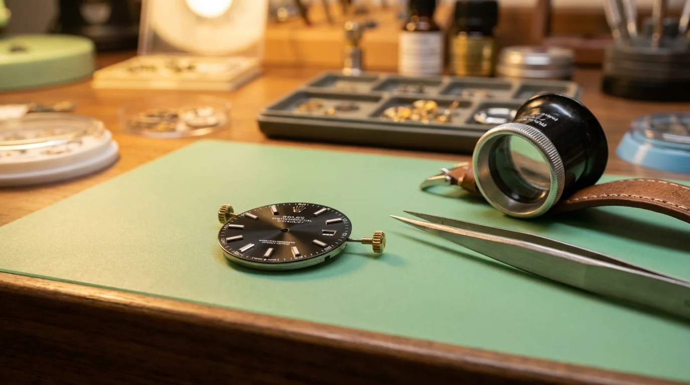 A Rolex Datejust dial on a watchmaker's bench next to a loupe and tweezers during servicing
