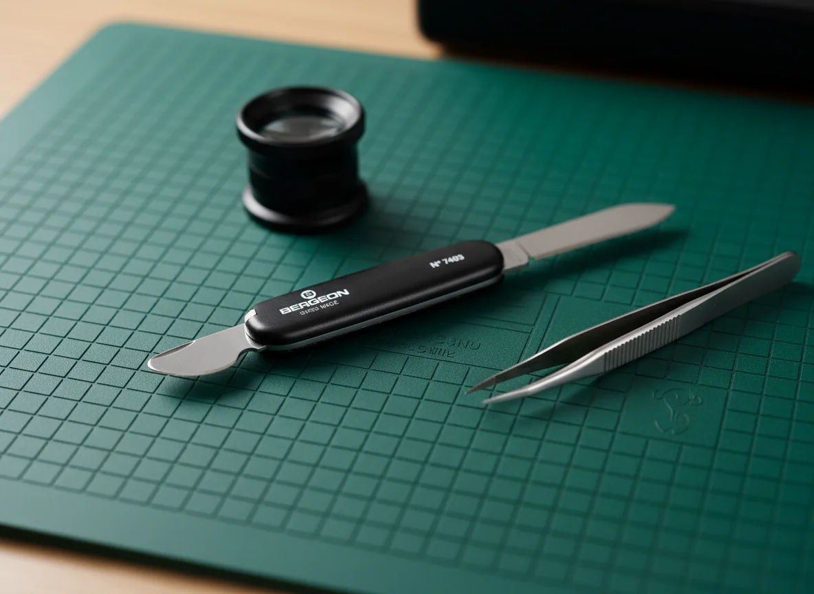 Bergeon Swiss watchmaker's case-opening knife with loupe and tweezers on a green bench mat