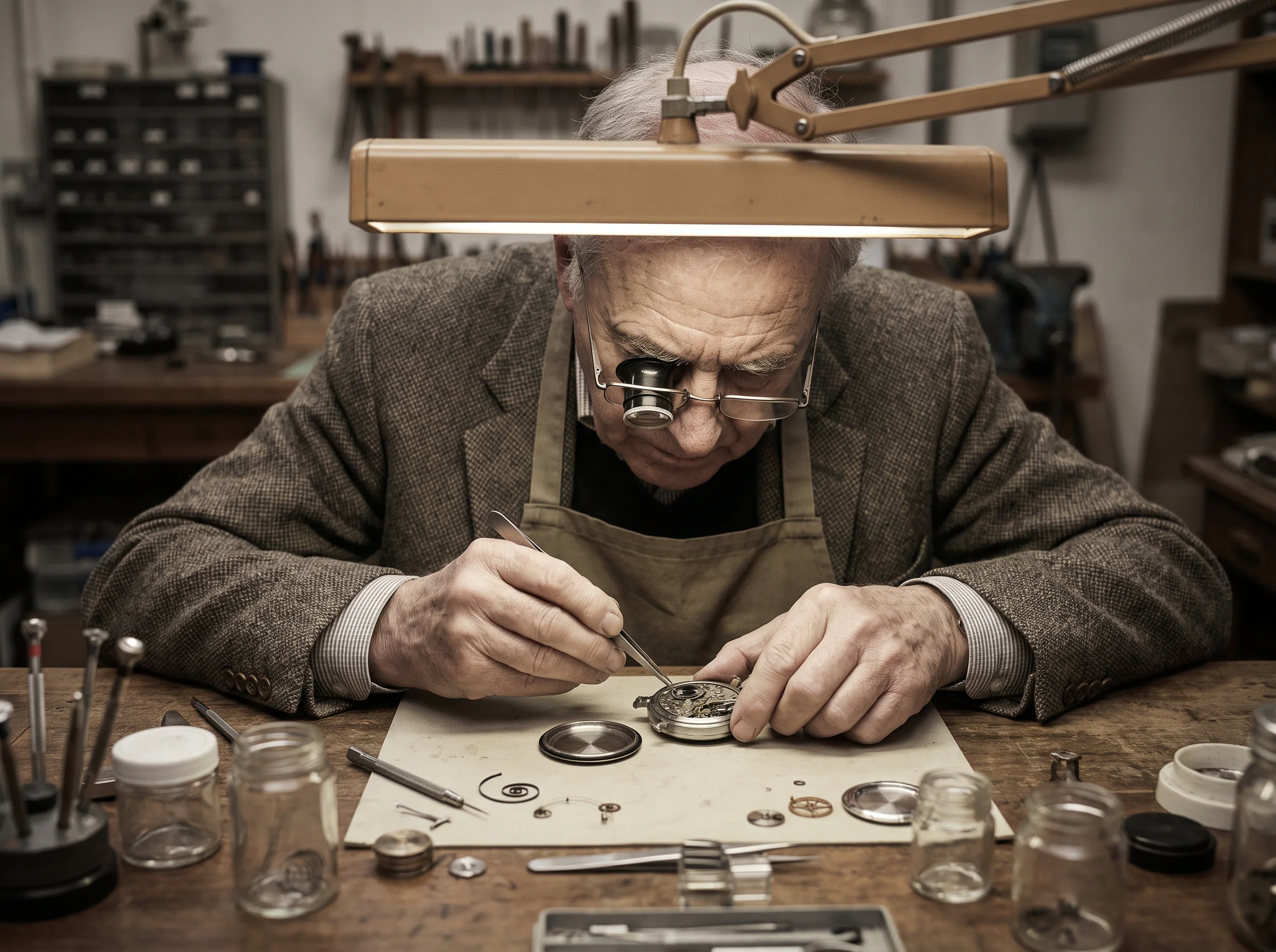A watchmaker inspecting the open caseback and gasket of a watch at a workbench