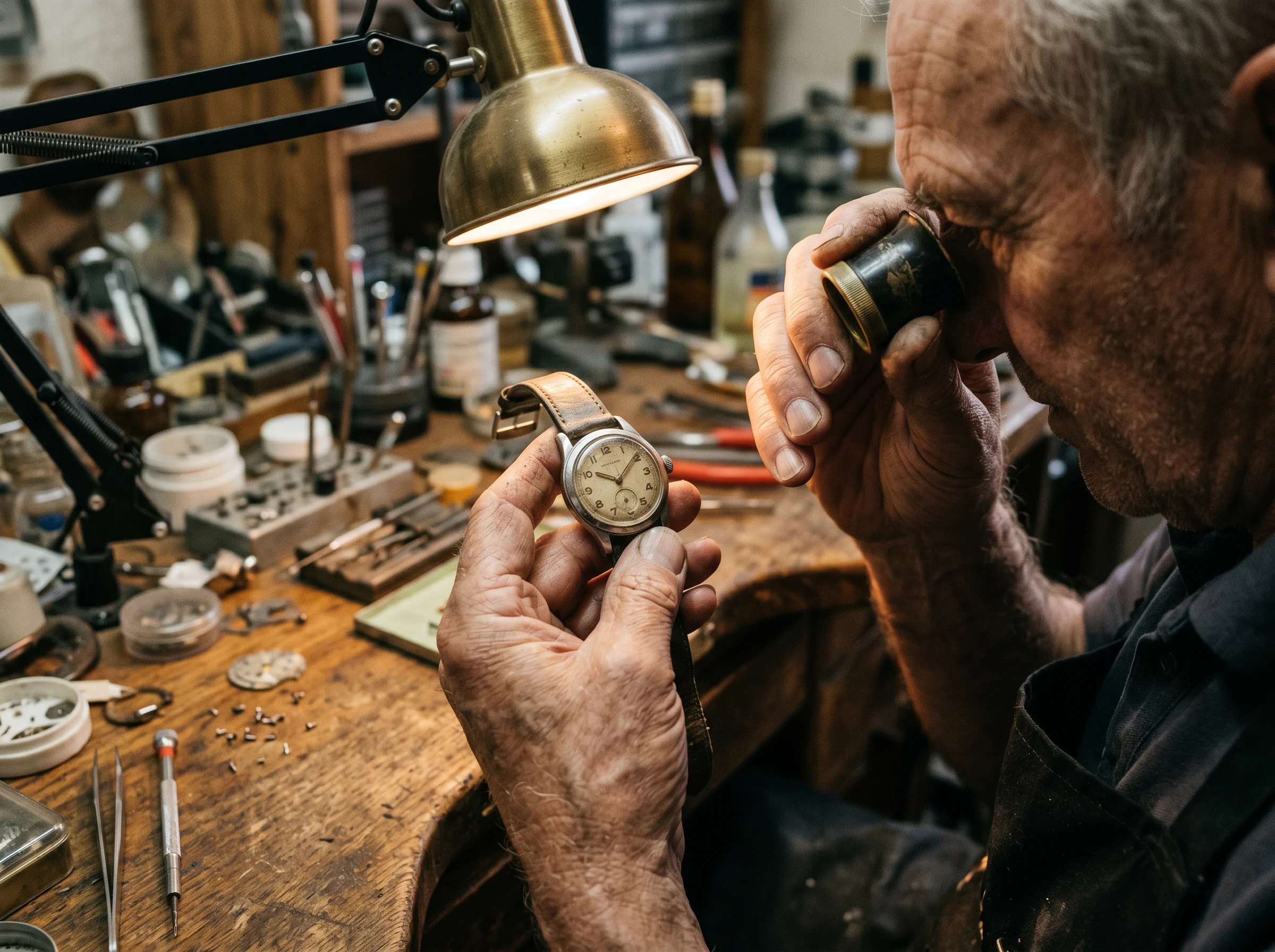 A watchmaker inspecting a vintage watch case under a jeweler's loupe at a bench