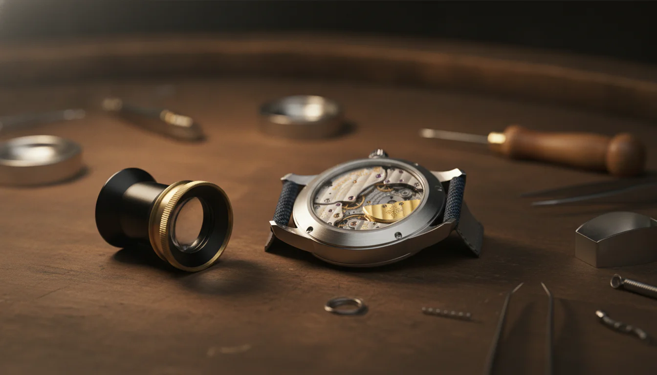 A watchmaker loupe resting beside a wristwatch showing its sapphire exhibition caseback on a workbench