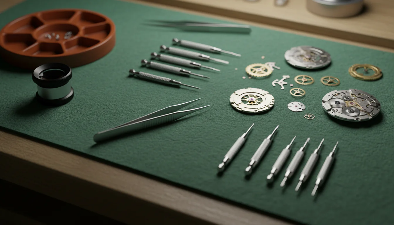 A watchmaker's workbench with tools, a loupe, and disassembled movement parts